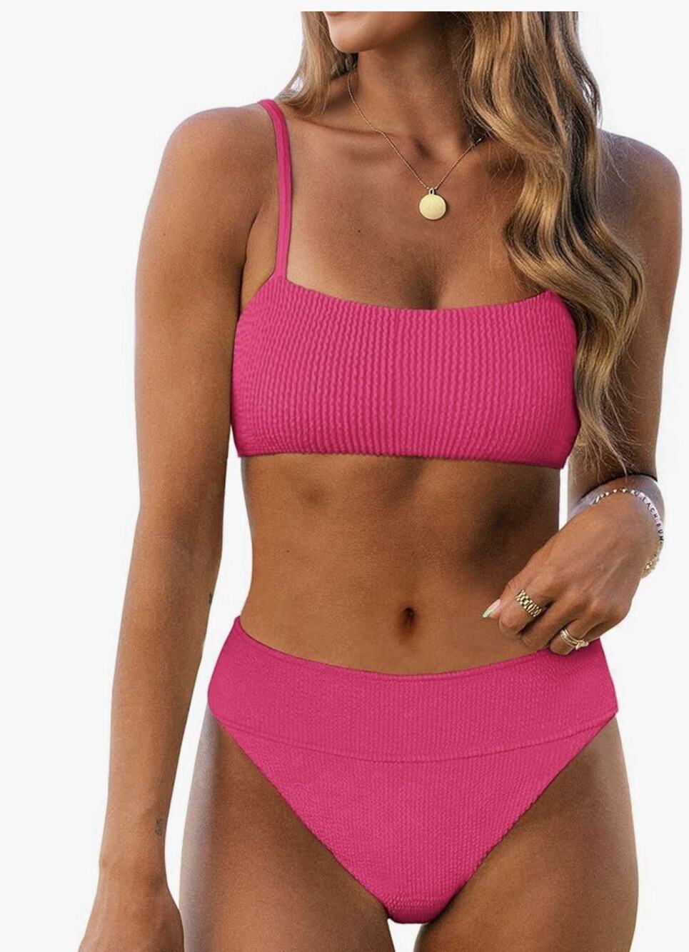 ANRABESS High Waisted Bikini Set Tummy Control Textured Pink Women’s M